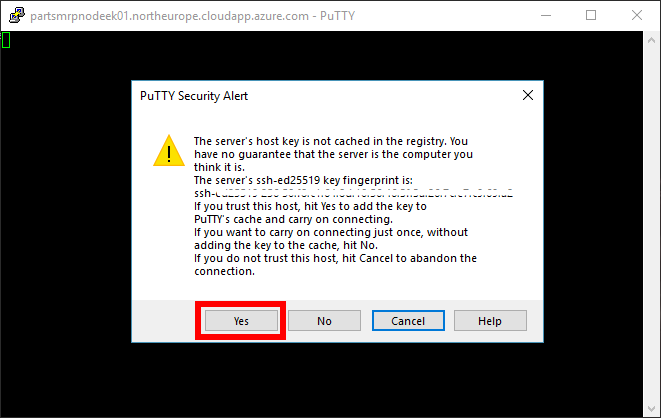 Screenshot of a Security Alert massage in PuTTy. The message indicates that PuTTy is requesting to add the Node VM server's host SSH key to the local machine's registry, and is requesting user action. The Yes button response is highlighted to illustrate how to affirm the request in PuTTy.